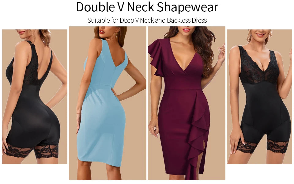 Full Body Shaper Women Bodysuit Shapewear Double V Neck Floral Lace Underwear Tummy Control Butt Lifter Thigh Slimmer Fajas XXXL
