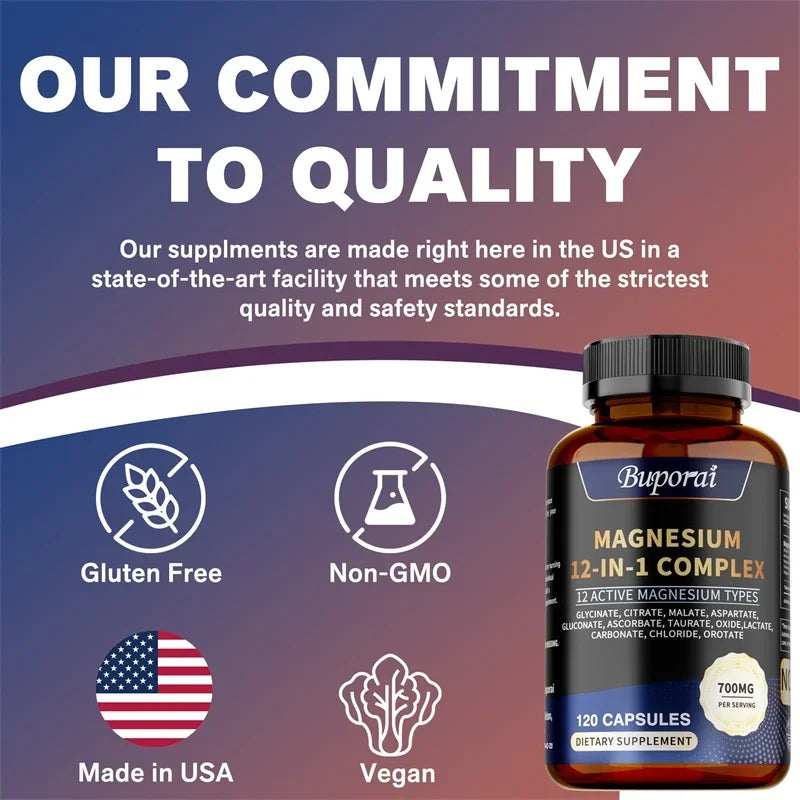 Magnesium Complex Capsules - Bone & Heart Health Supplement, Glycine, Citrate, Malate, Aspartate, Gluconate, Ascorbate, Taurine