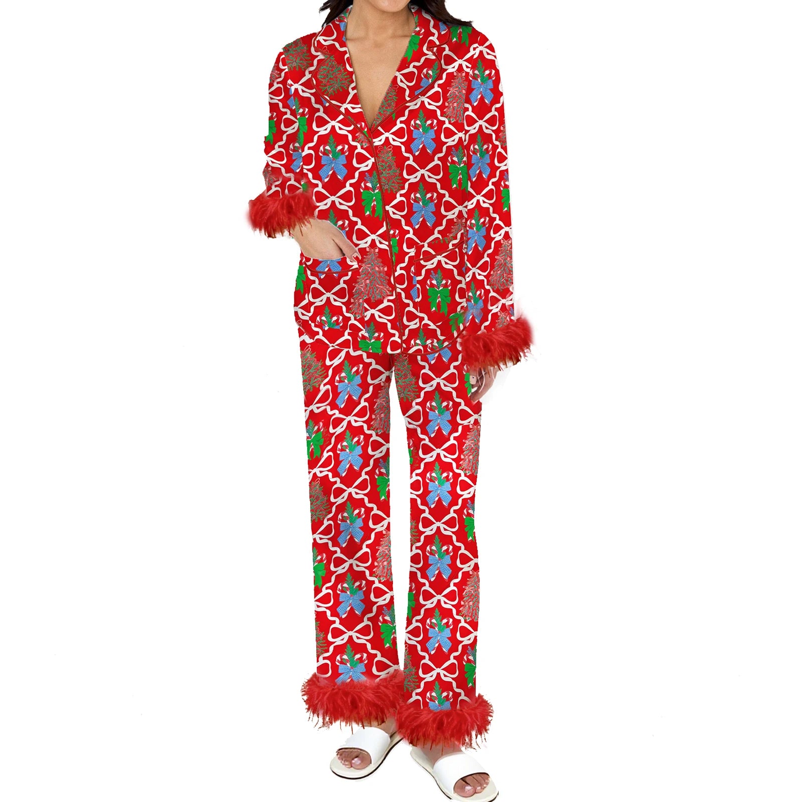 Christmas Santa Pajama Set for Women Satin Silk Fur Trim Long Sleeve Button down Sleepwear 2 Piece Pjs Pants Sets
