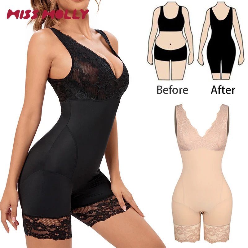Full Body Shaper Women Bodysuit Shapewear Double V Neck Floral Lace Underwear Tummy Control Butt Lifter Thigh Slimmer Fajas XXXL