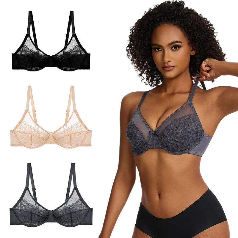 Plus Size Minimizer Bra Underwire Full Coverage Unpadded Floral Lace Lift Support Anti-Sagging Comfort Soft French Women's Bra