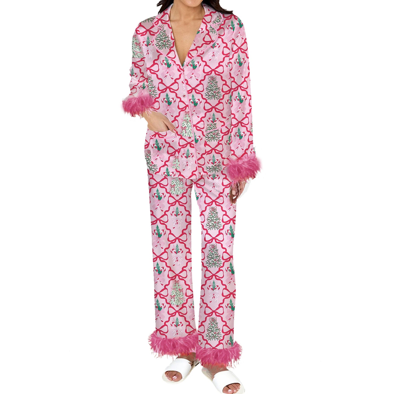 Christmas Santa Pajama Set for Women Satin Silk Fur Trim Long Sleeve Button down Sleepwear 2 Piece Pjs Pants Sets