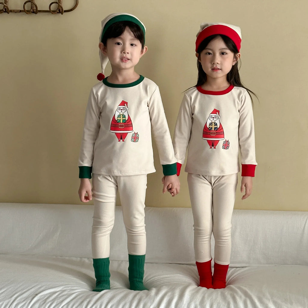 2025 Christmas Kids Pajamas Sets 1-8Y Baby Girls Boys Santa Claus Print Long Sleeve Top Pants with Hat Children Homewear Outfit