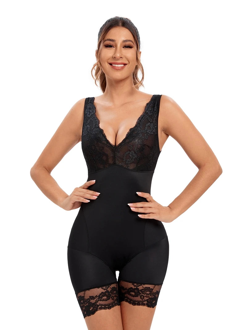 Full Body Shaper Women Bodysuit Shapewear Double V Neck Floral Lace Underwear Tummy Control Butt Lifter Thigh Slimmer Fajas XXXL