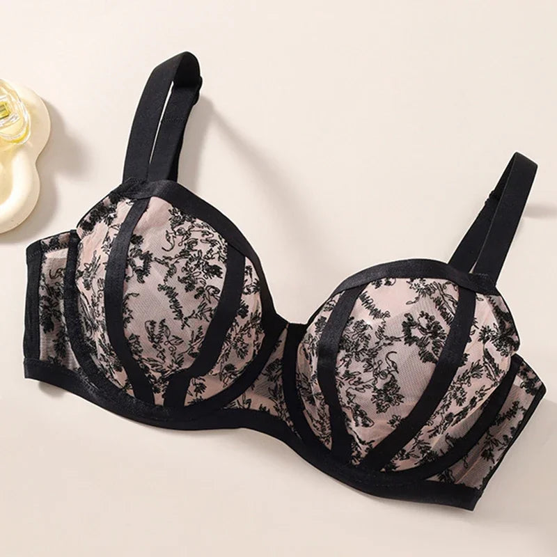 Sexy Womens Lace Sheer Minimizer Bra 75D-95K Non Padded Underwire Female Breathable Flower Embroidery Plus Size Lingerie