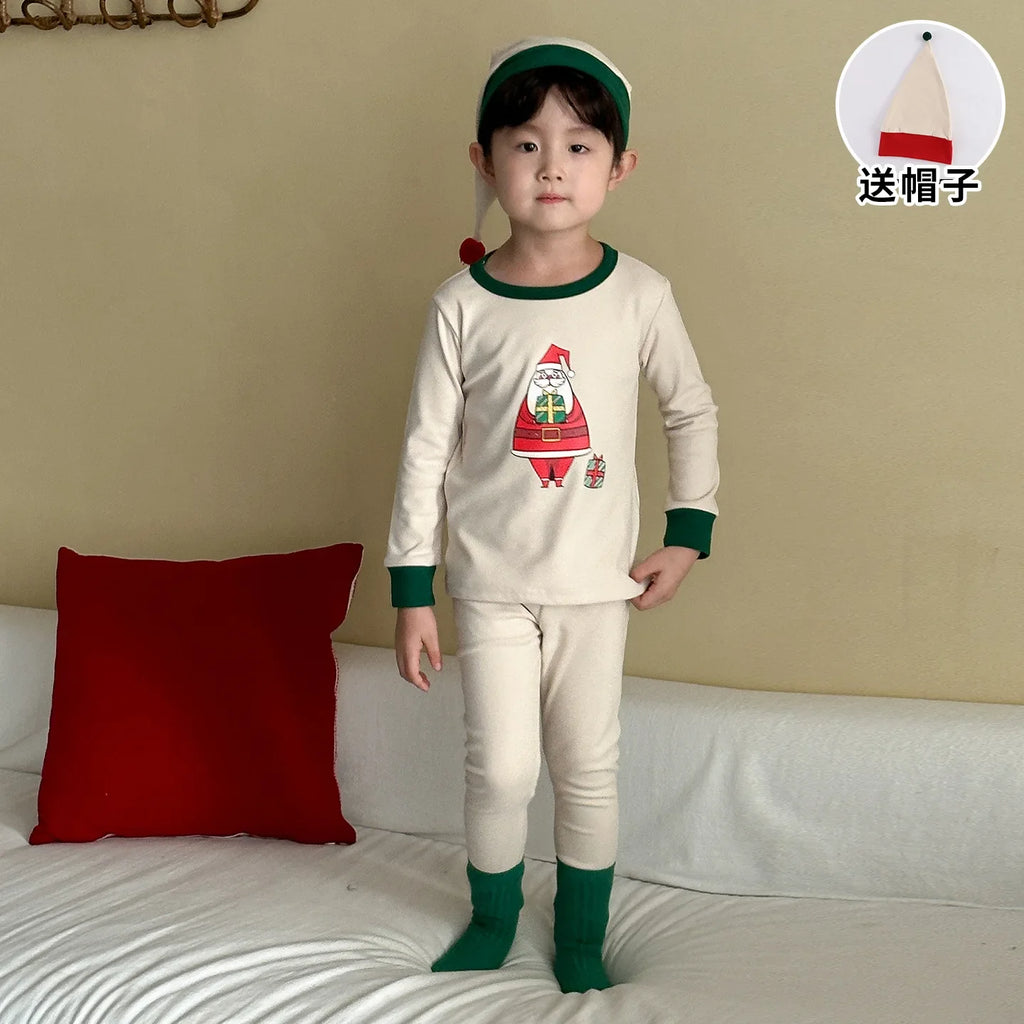2025 Christmas Kids Pajamas Sets 1-8Y Baby Girls Boys Santa Claus Print Long Sleeve Top Pants with Hat Children Homewear Outfit