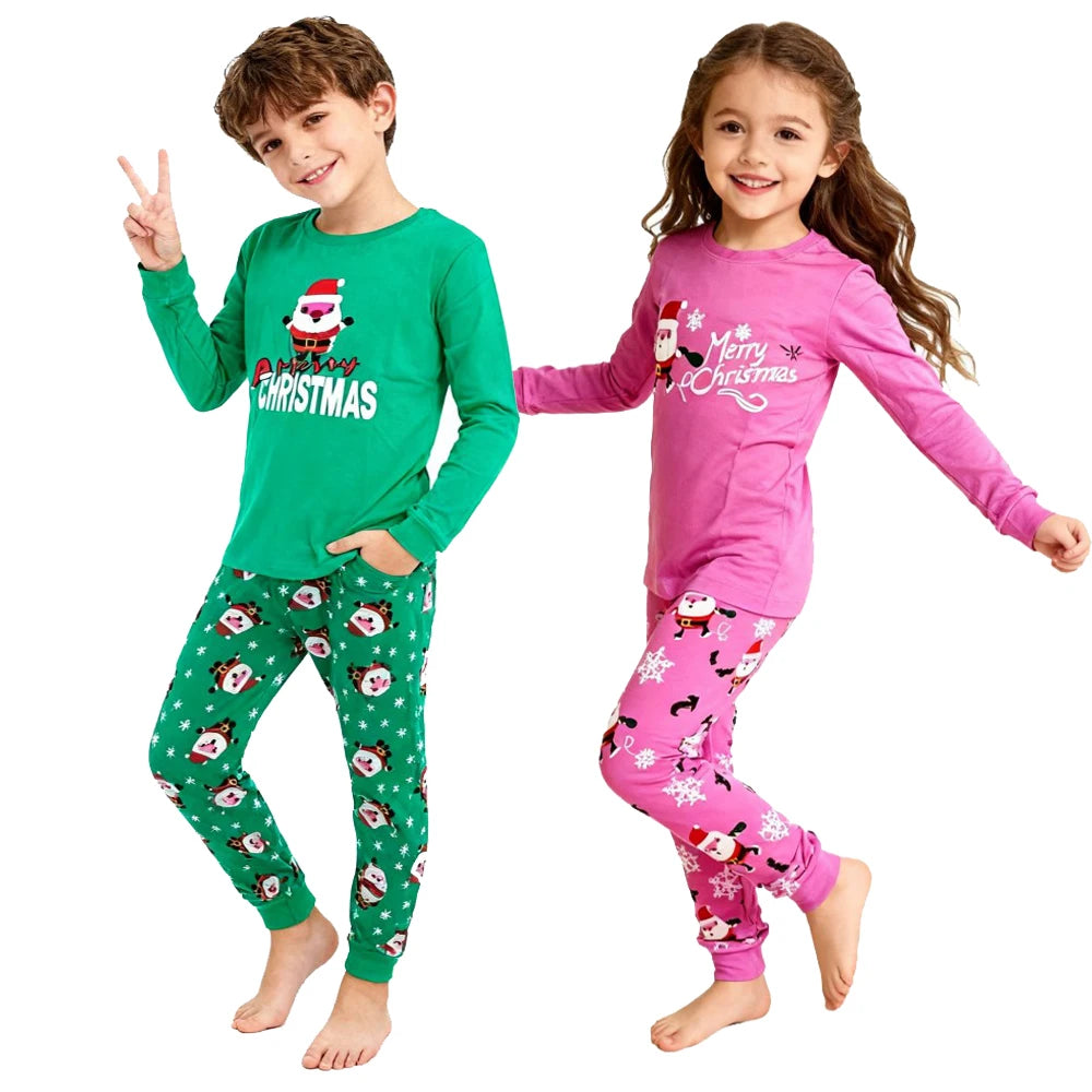 Kids Christmas Pajamas Set Children Long Sleeve Sleepwear Santa Claus Pijamas Soft Pjs for Boys Girls with "Merry Christmas"