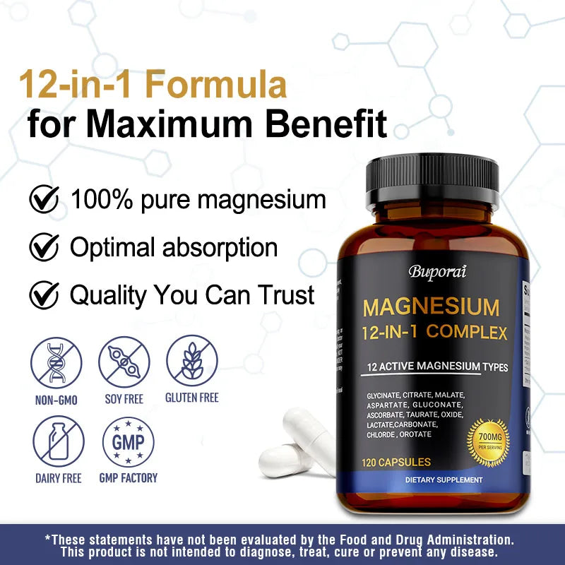 Magnesium Complex Capsules - Support Muscle, Bone, Heart Health, Improve Sleep, Stress & Anxiety Relief - Dietary Supplement