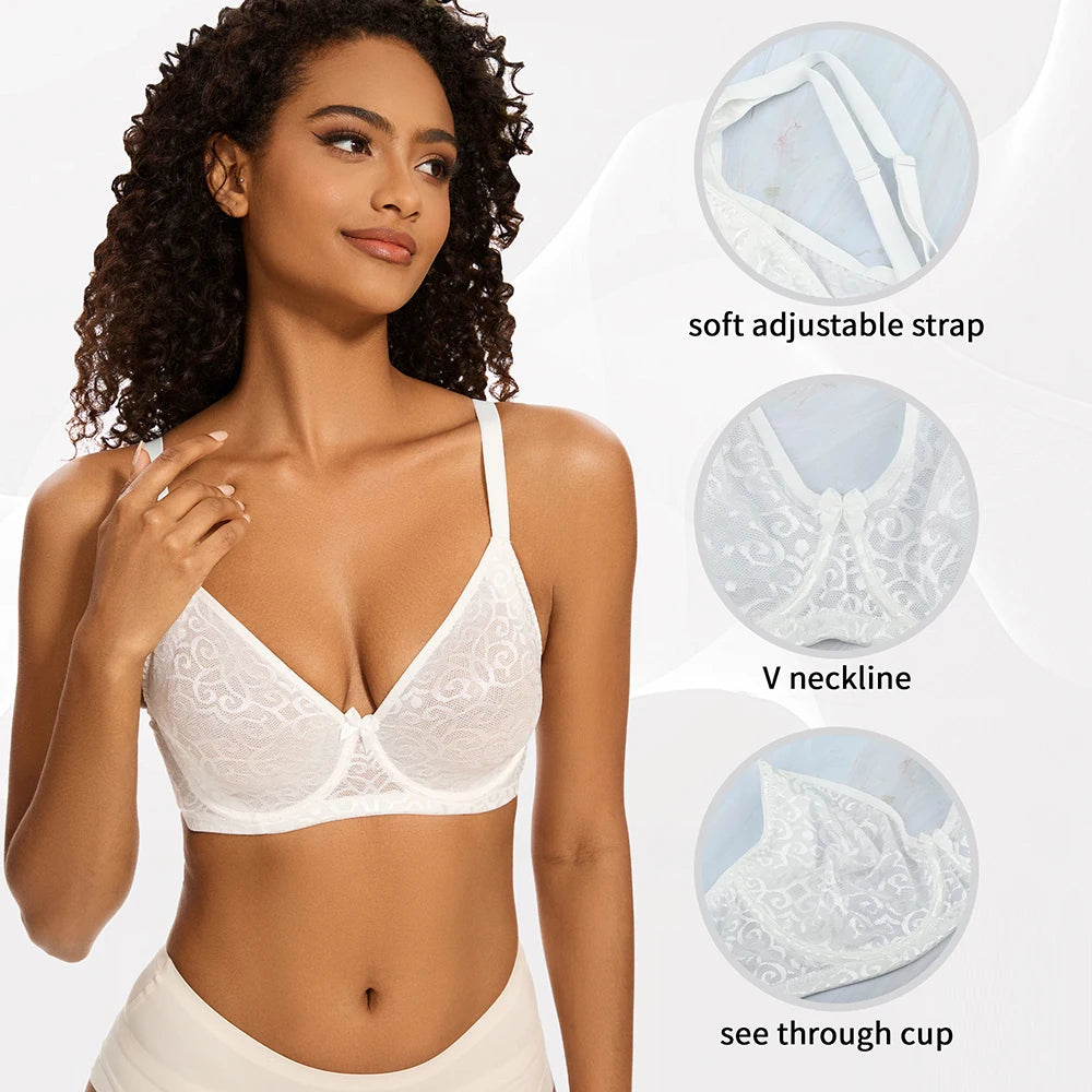 Sheroine Plus Size Minimizer Bra Full Coverage Underwire Plunge Bra with Floral Lace Mesh for Big Breast Support & Comfort