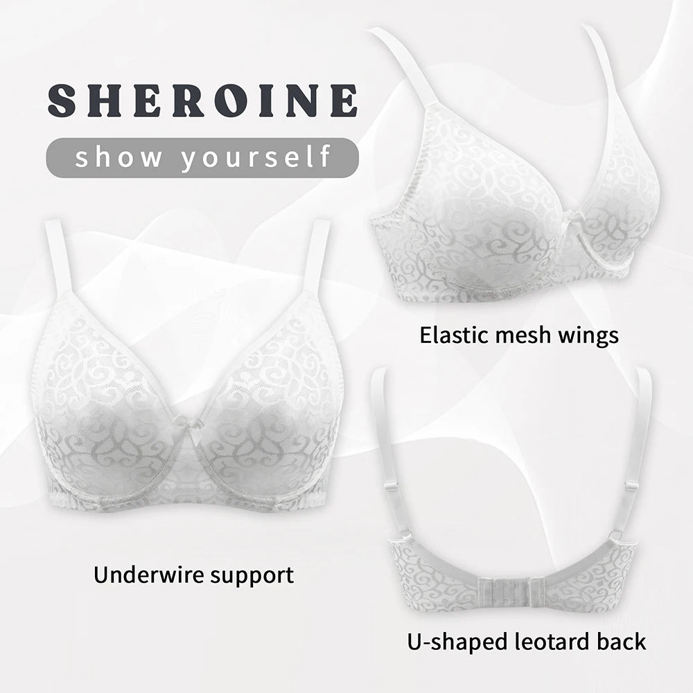Sheroine Plus Size Minimizer Bra Full Coverage Underwire Plunge Bra with Floral Lace Mesh for Big Breast Support & Comfort