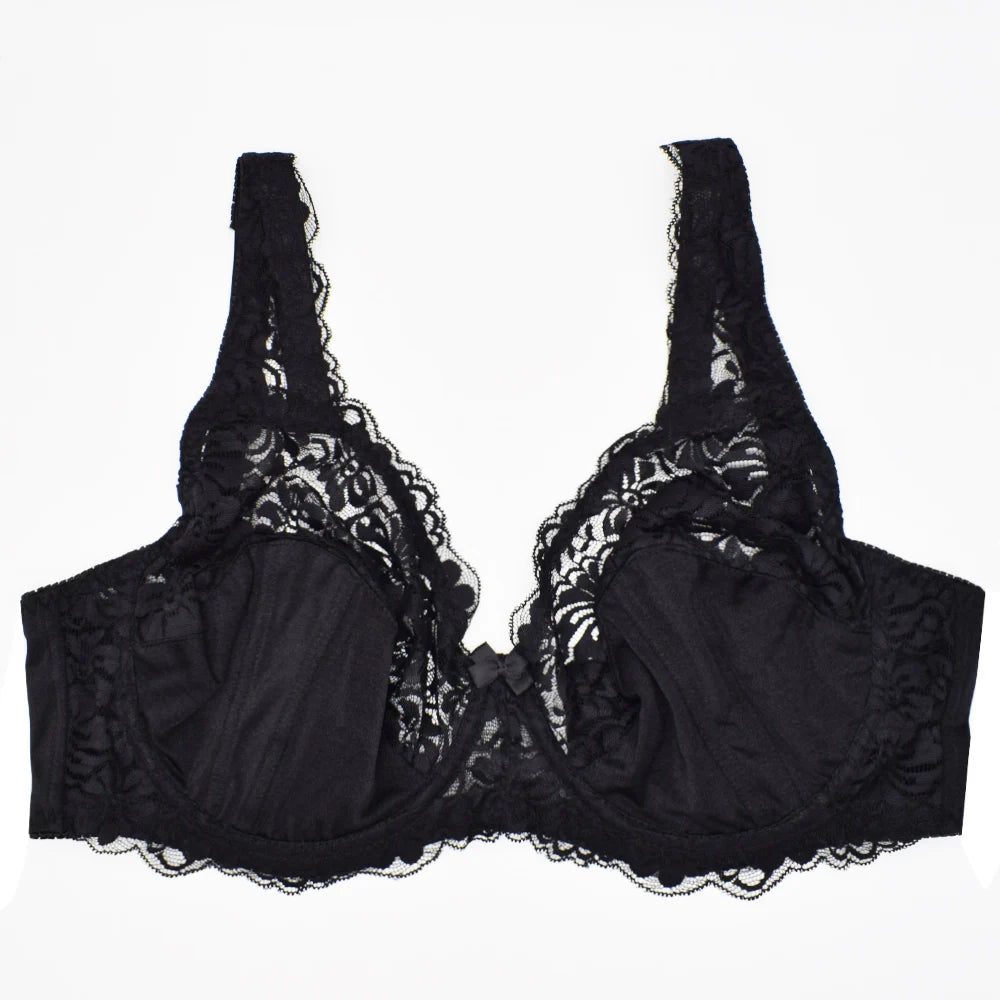 Women's Minimizer Bra Plus Size See Through Lace Floral Full Coverage Bras Underwire Unlined Mesh Transparent E F G H I Cup