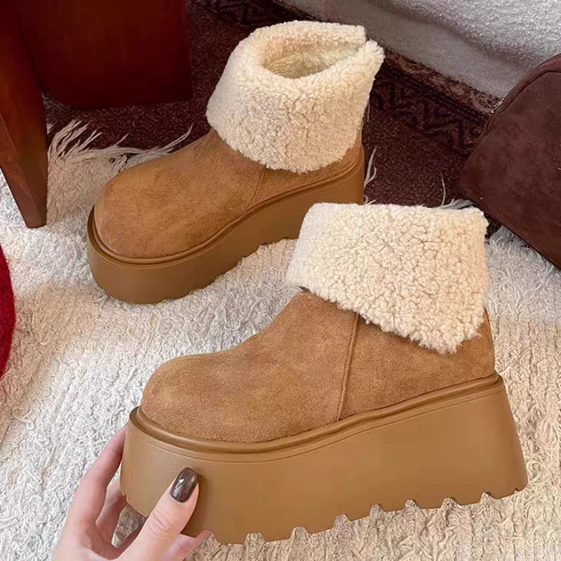 Women's snow boots thick-soled suede mid-heel cotton shoes short plush thermal boots trendy winter casual boots