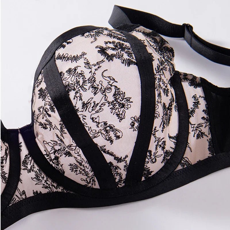Sexy Womens Lace Sheer Minimizer Bra 75D-95K Non Padded Underwire Female Breathable Flower Embroidery Plus Size Lingerie