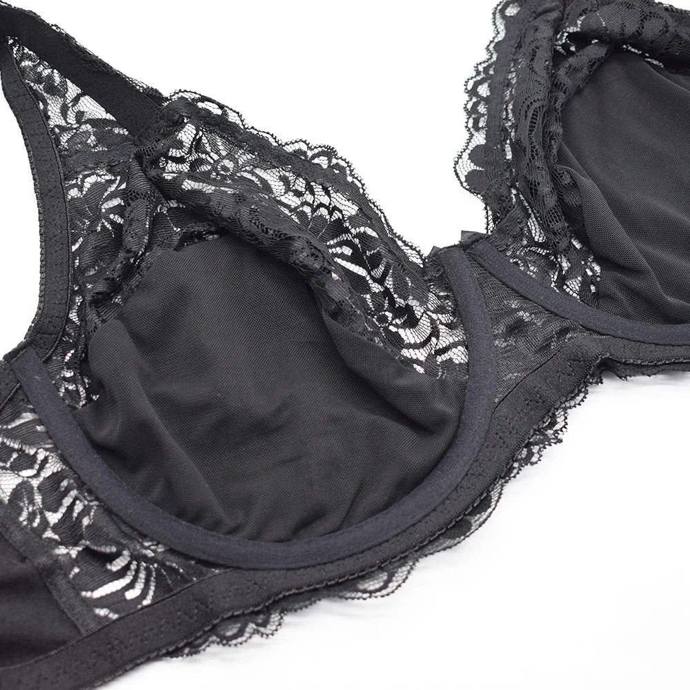 Women's Minimizer Bra Plus Size See Through Lace Floral Full Coverage Bras Underwire Unlined Mesh Transparent E F G H I Cup