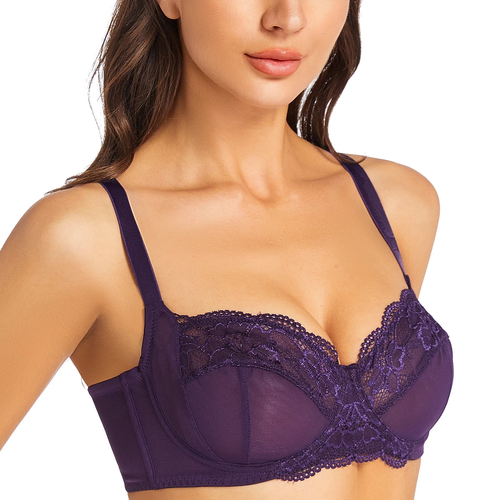 New Big Size Women Bra Full Coverage Minimizer Lace Floral Embrodiery Mesh Bras Underwire B C D E F G H Cup 34 36 38 40 42 44 46