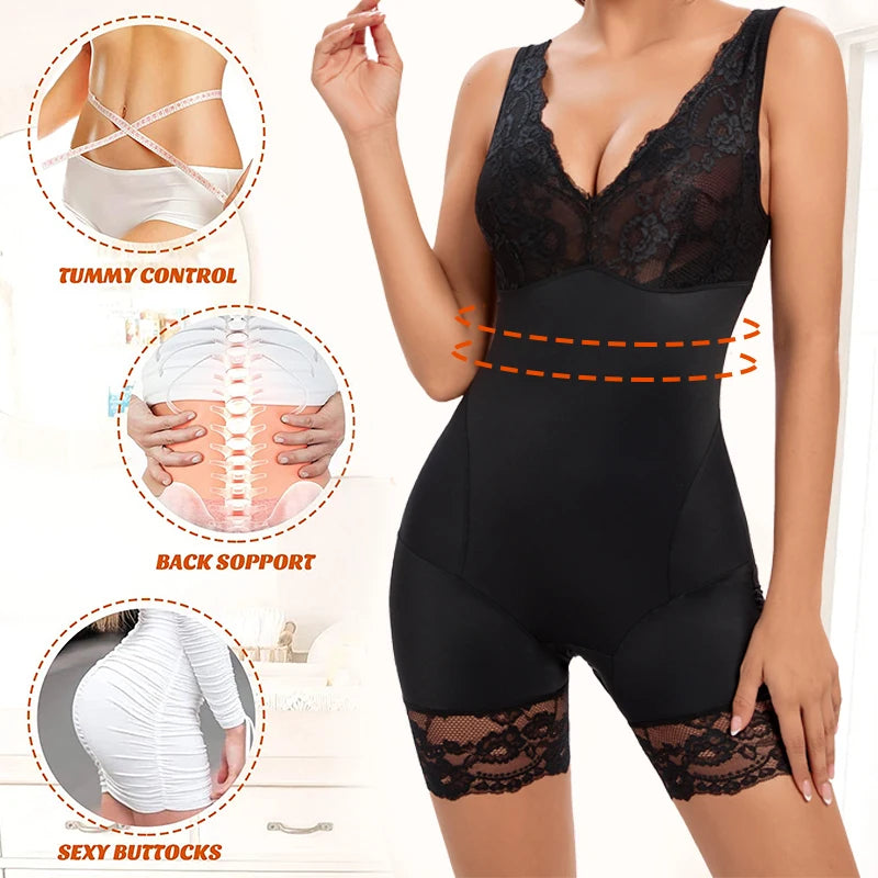 Full Body Shaper Women Bodysuit Shapewear Double V Neck Floral Lace Underwear Tummy Control Butt Lifter Thigh Slimmer Fajas XXXL