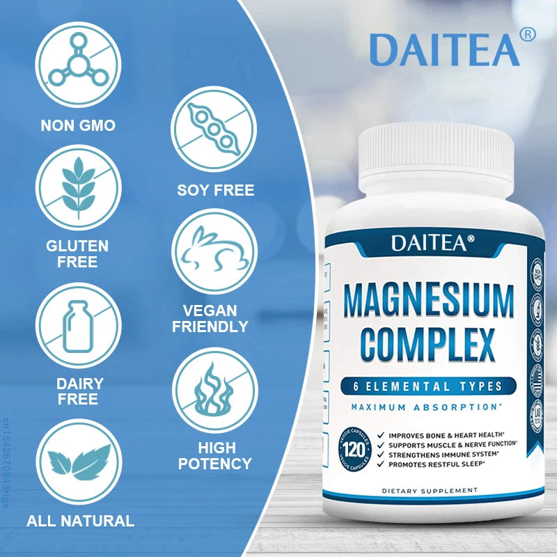 Magnesium Complex Supplement - for Supporting Muscles, Nerves, Heart and Bones, High Absorption Vegetarian Capsules