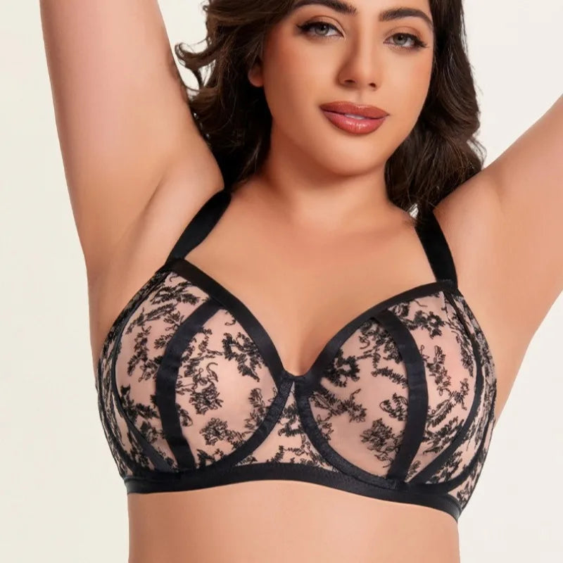 Sexy Womens Lace Sheer Minimizer Bra 75D-95K Non Padded Underwire Female Breathable Flower Embroidery Plus Size Lingerie