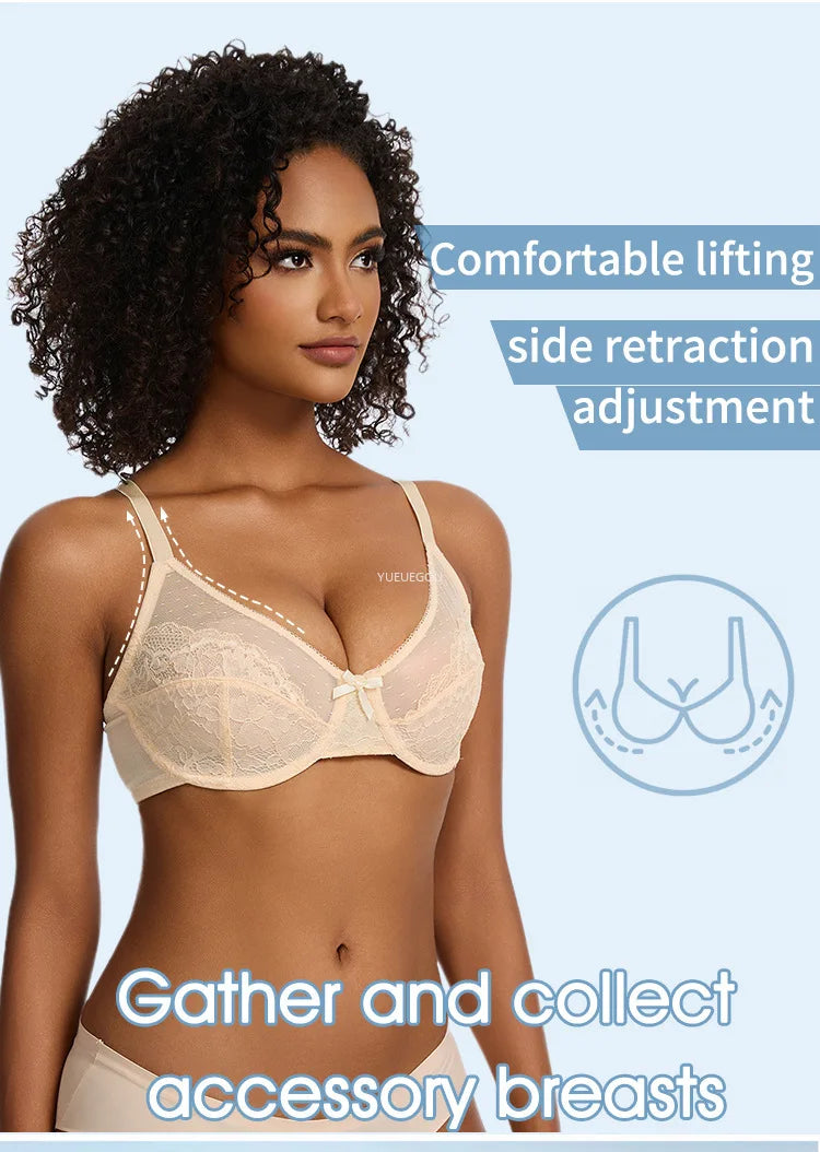 Plus Size Minimizer Bra Underwire Full Coverage Unpadded Floral Lace Lift Support Anti-Sagging Comfort Soft French Women's Bra