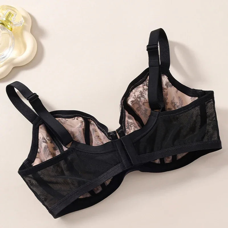 Sexy Womens Lace Sheer Minimizer Bra 75D-95K Non Padded Underwire Female Breathable Flower Embroidery Plus Size Lingerie