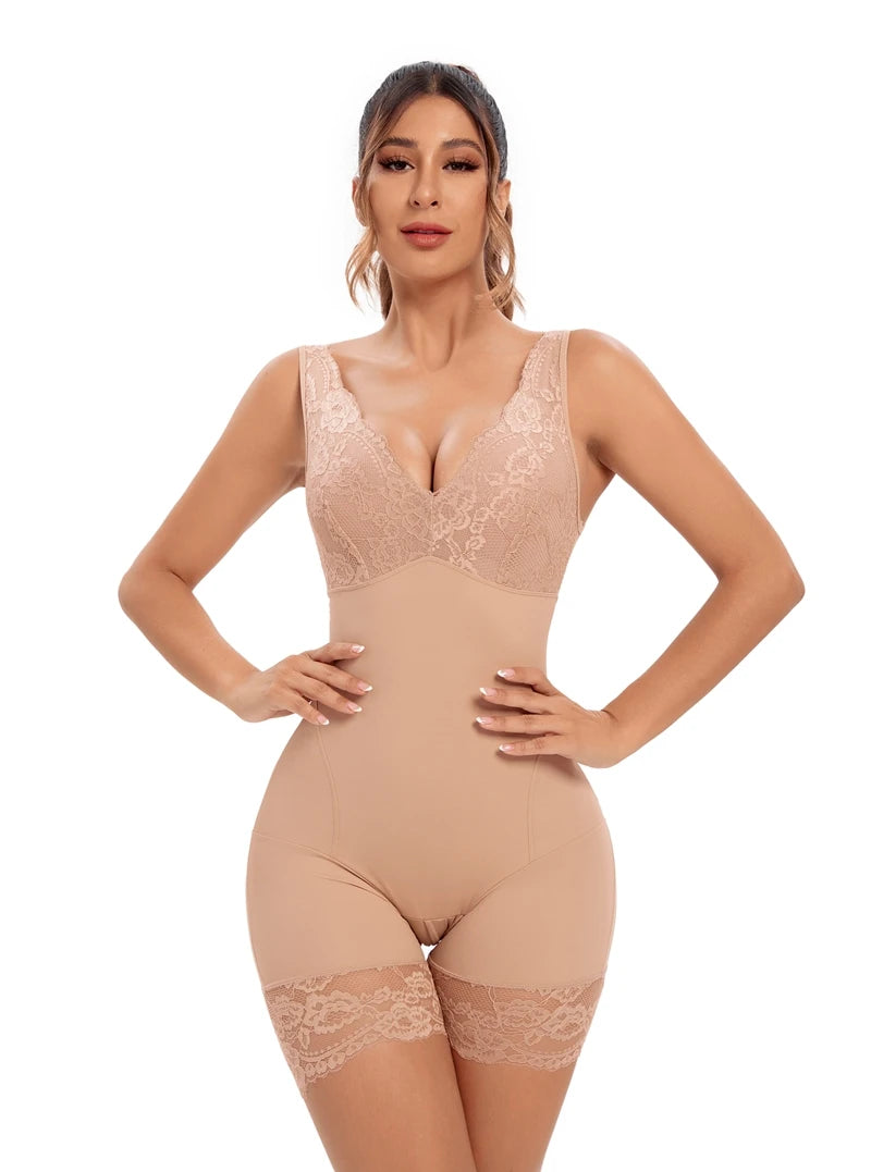 Full Body Shaper Women Bodysuit Shapewear Double V Neck Floral Lace Underwear Tummy Control Butt Lifter Thigh Slimmer Fajas XXXL