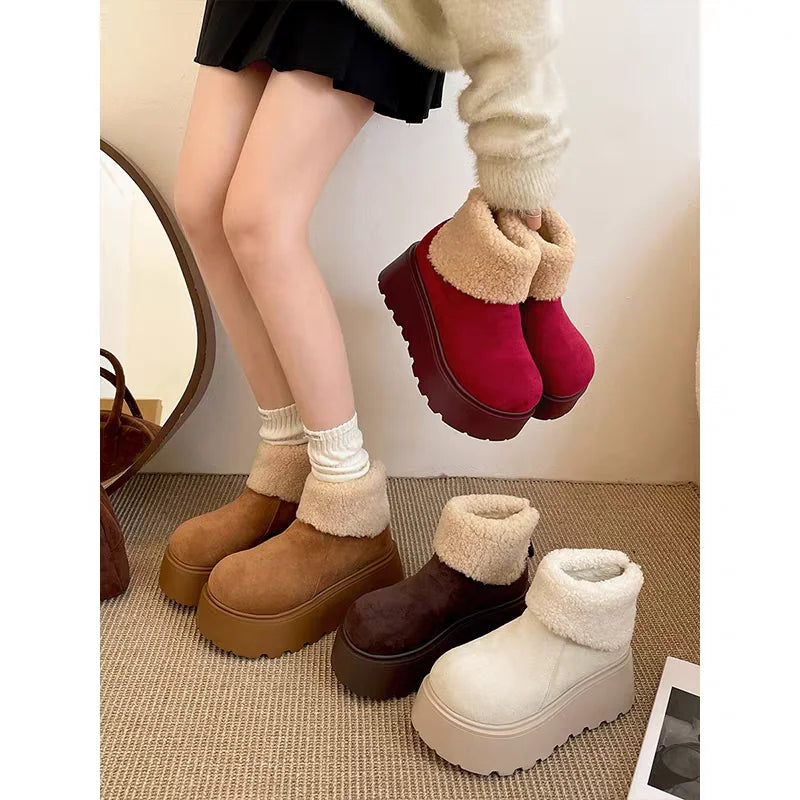 Women's snow boots thick-soled suede mid-heel cotton shoes short plush thermal boots trendy winter casual boots