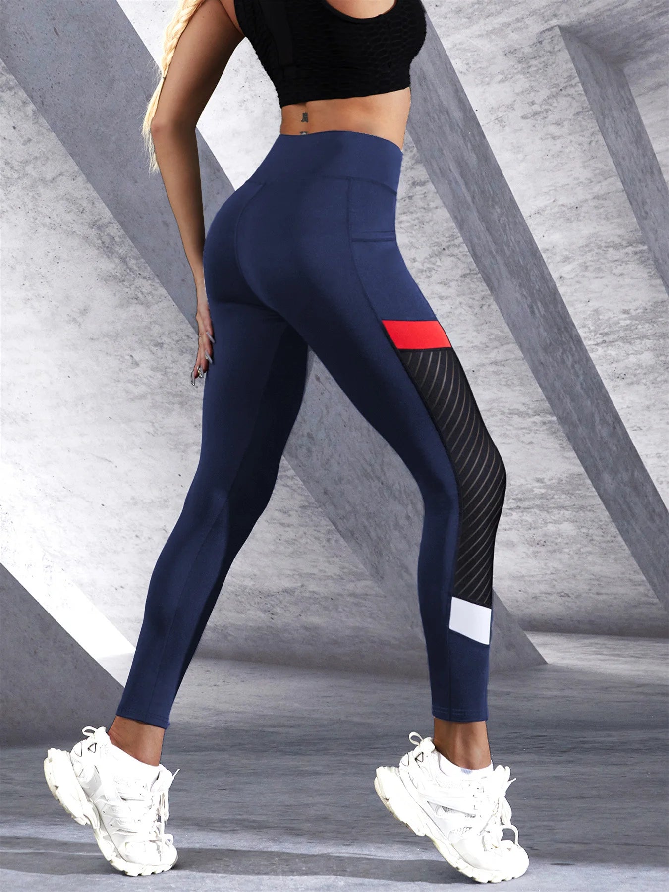 Colorblocked Mesh High Waist Yoga Pants with Side Pockets Leggings for Women Tummy Control Workout Shaping Leggings