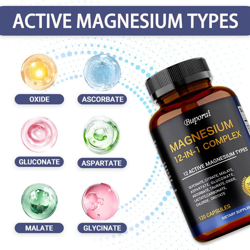 Magnesium Complex Capsules - Support Muscle, Bone, Heart Health, Improve Sleep, Stress & Anxiety Relief - Dietary Supplement