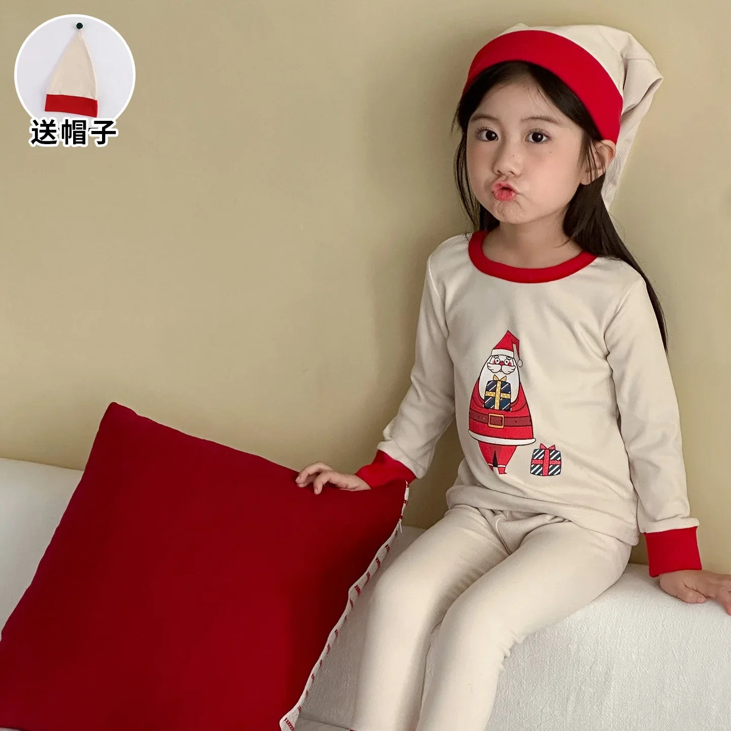 2025 Christmas Kids Pajamas Sets 1-8Y Baby Girls Boys Santa Claus Print Long Sleeve Top Pants with Hat Children Homewear Outfit