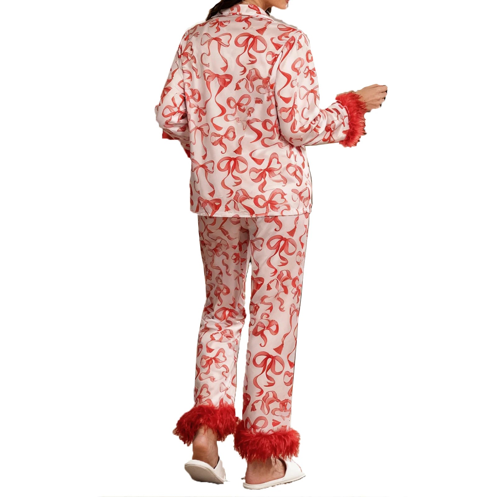 Christmas Santa Pajama Set for Women Satin Silk Fur Trim Long Sleeve Button down Sleepwear 2 Piece Pjs Pants Sets