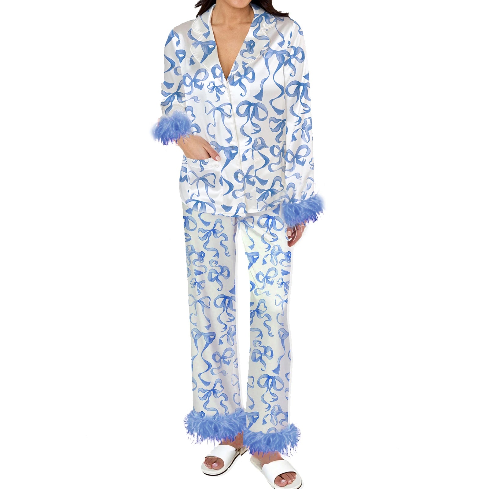 Christmas Santa Pajama Set for Women Satin Silk Fur Trim Long Sleeve Button down Sleepwear 2 Piece Pjs Pants Sets