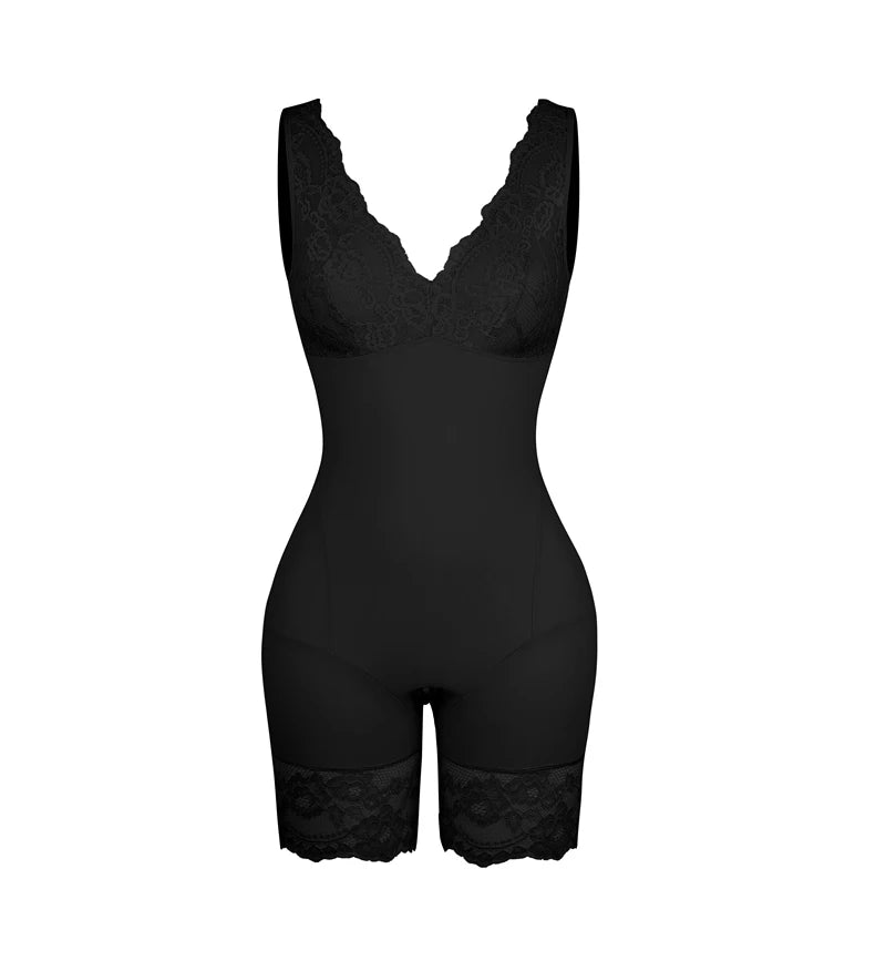 Full Body Shaper Women Bodysuit Shapewear Double V Neck Floral Lace Underwear Tummy Control Butt Lifter Thigh Slimmer Fajas XXXL