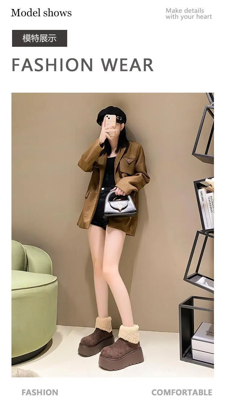 Women's snow boots thick-soled suede mid-heel cotton shoes short plush thermal boots trendy winter casual boots