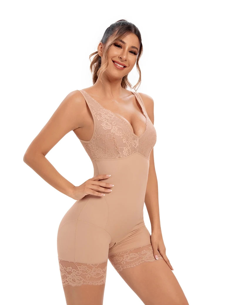 Full Body Shaper Women Bodysuit Shapewear Double V Neck Floral Lace Underwear Tummy Control Butt Lifter Thigh Slimmer Fajas XXXL