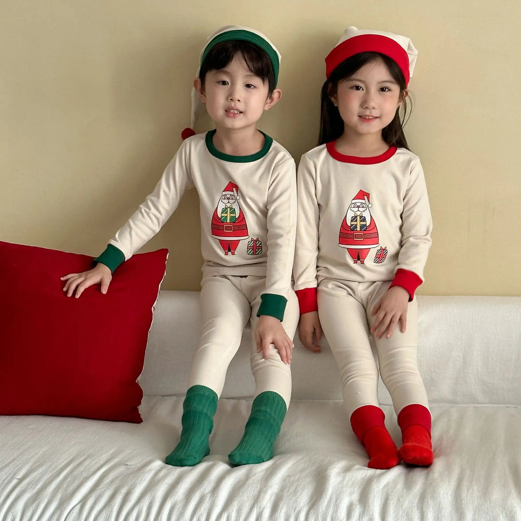 2025 Christmas Kids Pajamas Sets 1-8Y Baby Girls Boys Santa Claus Print Long Sleeve Top Pants with Hat Children Homewear Outfit