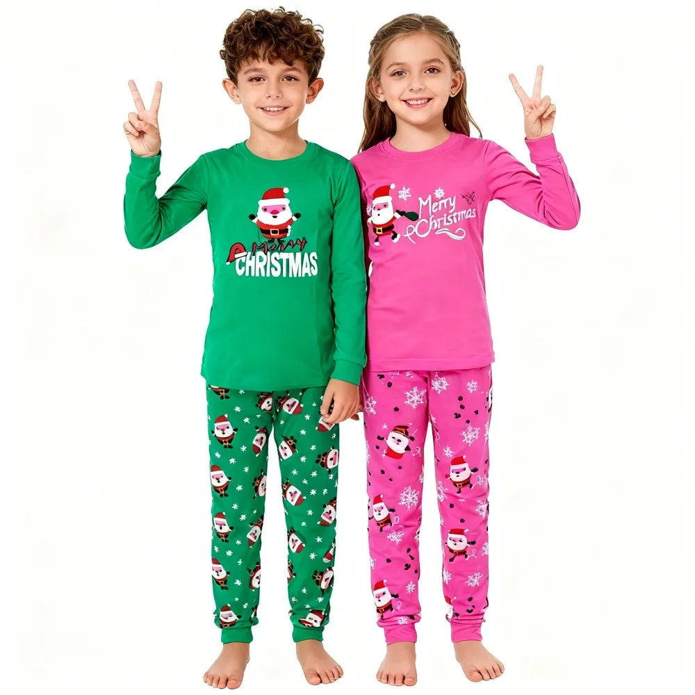 Kids Christmas Pajamas Set Children Long Sleeve Sleepwear Santa Claus Pijamas Soft Pjs for Boys Girls with "Merry Christmas"